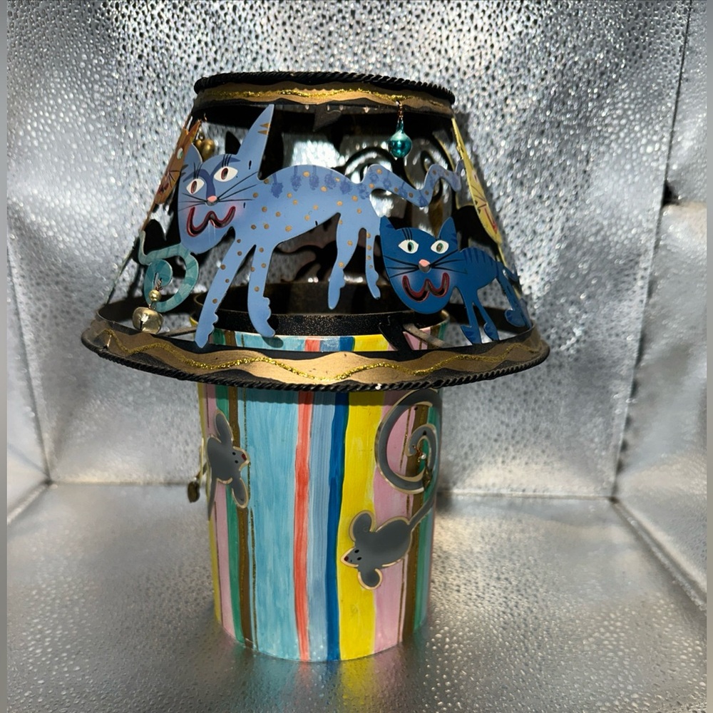 Silvestri Hand-Painted Multicolor Cat & Mouse Metal candle holder with shade